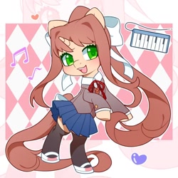 Size: 1080x1080 | Tagged: safe, artist:blueeye, derpibooru import, pony, unicorn, abstract background, blushing, bow, clothes, doki doki literature club!, female, hair bow, heart, horn, mare, monika, music notes, musical instrument, open mouth, outline, pen, ponified, school uniform, shoes, skirt, smiling, socks, solo, species swap, white outline