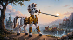 Size: 2560x1437 | Tagged: safe, ai content, derpibooru import, generator:stable diffusion, machine learning assisted, machine learning generated, zecora, pony, zebra, equestria at war mod, armor, castle, female, generator:pony realism 2.1, high res, knee pads, mouth hold, prompter:oranzinispegasiukas, solo, sword, tree, weapon