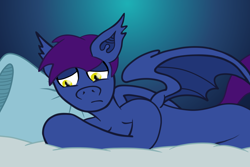 Size: 1800x1200 | Tagged: safe, derpibooru import, bat pony, bed, frown, gradient background, lying down, male, pillow, solo, stallion