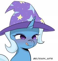 Size: 1958x2048 | Tagged: safe, artist:eltrash_art6, derpibooru import, trixie, pony, unicorn, bedroom eyes, blushing, clothes, female, hat, horn, licking, licking lips, mare, simple background, solo, tongue, tongue out, translation request, trixie's hat, white background