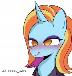 Size: 1958x2048 | Tagged: safe, artist:eltrash_art6, derpibooru import, sassy saddles, pony, unicorn, bedroom eyes, blushing, clothes, dress, eyeshadow, female, horn, licking, licking lips, makeup, mare, simple background, solo, tongue, tongue out, white background