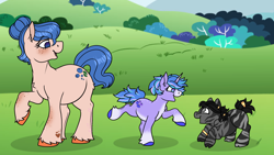 Size: 2248x1270 | Tagged: safe, artist:bluemoon, derpibooru import, edit, edited screencap, screencap, oc, oc only, oc:irie, oc:mrs blu, oc:starberry bush, earth pony, pony, unicorn, zebra, background, colt, female, fetlock tuft, filly, foal, horn, looking at each other, looking at someone, male, mare, mother, play date, smiling, smiling at each other, stallion, zebra oc