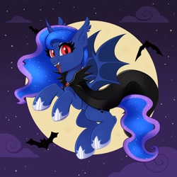 Size: 4000x4000 | Tagged: safe, artist:confetticakez, derpibooru import, princess luna, alicorn, bat, bat pony, bat pony alicorn, pony, g4, absurd resolution, bat ears, bat ponified, bat wings, cape, clothes, cloud, commission, curved horn, cute, cute little fangs, ear fluff, ear tufts, ears, ethereal mane, ethereal tail, fangs, female, flying, full moon, hoof shoes, horn, looking at you, lunabat, mare, moon, night, night sky, open mouth, open smile, outdoors, princess shoes, race swap, red eyes, sky, slit eyes, smiling, smiling at you, solo, spread wings, stars, tail, wings, ych result