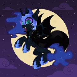 Size: 4000x4000 | Tagged: safe, artist:confetticakez, derpibooru import, nightmare moon, alicorn, bat, bat pony, bat pony alicorn, pony, g4, absurd resolution, bat ears, bat ponified, bat wings, cape, clothes, cloud, commission, curved horn, cute, cute little fangs, ear fluff, ear tufts, ears, ethereal mane, ethereal tail, fangs, female, flying, full moon, hoof shoes, horn, looking at you, mare, moon, night, night sky, open mouth, open smile, outdoors, princess shoes, race swap, red eyes, sky, slit eyes, smiling, smiling at you, solo, spread wings, stars, tail, wings, ych result