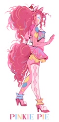 Size: 580x1200 | Tagged: safe, artist:setomie, derpibooru import, pinkie pie, human, g4, bandeau, clothes, clown makeup, eared humanization, female, humanized, midriff, simple background, skirt, solo, tail, tailed humanization, white background, wip