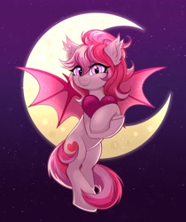 Size: 3154x3758 | Tagged: safe, artist:confetticakez, derpibooru import, oc, oc only, oc:blood moon, bat pony, pony, bat pony oc, bat wings, colored wings, crescent moon, doodle, ear fluff, ear tufts, ears, fangs, female, flying, heart, high res, looking at you, mare, moon, night, night sky, outdoors, pink coat, pink wings, ponytail, sky, slit eyes, smiling, smiling at you, solo, sparkly mane, sparkly tail, sparkly wings, spread wings, starry background, stars, tail, three toned mane, three toned tail, tied mane, wings