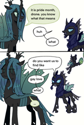 Size: 1120x1668 | Tagged: safe, artist:ywraa, derpibooru import, queen chrysalis, thorax, changeling, changeling queen, g4, changeling armor, comic, duo, english, pride, pride month, simple background, talking, white background