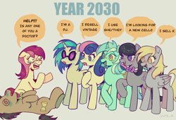 Size: 2048x1390 | Tagged: safe, artist:ywraa, derpibooru import, bon bon, derpy hooves, dj pon-3, doctor whooves, lyra heartstrings, octavia melody, roseluck, sweetie drops, vinyl scratch, earth pony, pegasus, pony, unicorn, g4, female, group, horn, knocked out, male, mare, meme, mixed pronouns, parody, ponified, ponified meme, pronouns, raised hoof, raised leg, stallion, swirly eyes, year 2030