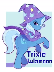 Size: 1702x2251 | Tagged: safe, artist:serolllingluan, derpibooru import, trixie, pony, unicorn, butt, cape, clothes, female, hat, horn, light blue background, mare, passepartout, simple background, solo, text