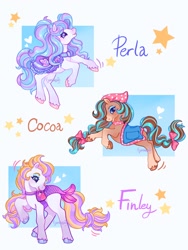 Size: 1536x2048 | Tagged: safe, artist:sonira24, derpibooru import, horse, g2, bandana, bow, cocoa (wild manes), female, finley (wild manes), floating heart, hair bow, heart, mare, motion lines, perla (wild manes), raised hoof, raised leg, saddle, signature, smiling, stars, style emulation, tack, tail, tail bow, unshorn fetlocks, wild manes, wild manes to g2