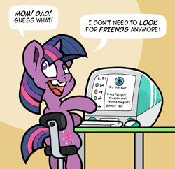 Size: 1289x1250 | Tagged: safe, artist:toonbat, derpibooru import, twilight sparkle, unicorn twilight, pony, unicorn, g4, '90s, adorkable, anachronism, chair, character.ai, computer, cute, dork, female, filly, filly twilight sparkle, foal, imac, looking back, open mouth, open smile, smiling, solo, table, younger