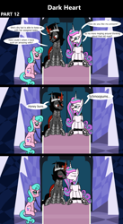 Size: 1920x3516 | Tagged: safe, artist:platinumdrop, derpibooru import, aquamarine, king sombra, princess flurry heart, alicorn, earth pony, pony, unicorn, comic:dark heart, g4, 3 panel comic, abuse, alternate timeline, armor, avoiding eye contact, blushing, chains, collar, comic, commission, crystal, crystal castle, crystal empire, curved horn, dark crystal, dialogue, evil flurry heart, eyes closed, female, flurry heart is amused, folded wings, horn, husband and wife, indoors, kissing, looking at each other, looking at someone, looking away, looking down, lovey dovey, male, mare, married couple, nuzzling, older, older aquamarine, older flurry heart, romantic, sad, sad pony, ship:flurrybra, shipping, slave, slave collar, smiling, smug, smug smile, speech bubble, spiked collar, spiked wristband, stallion, straight, throne, throne room, victorious villain, wall of tags, wings, wristband