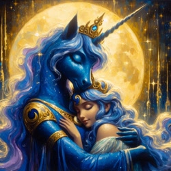 Size: 1024x1024 | Tagged: safe, ai content, derpibooru import, generator:bing image creator, generator:dall-e 3, machine learning generated, princess luna, alicorn, anthro, human, anonymous prompter, blue hair, blue mane, clothes, crown, female, hug, impressionism, jewelry, modern art, moon, regalia, robe, robes, stars