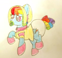 Size: 3270x3072 | Tagged: safe, artist:snowflakepone, derpibooru import, rainbow dash, pegasus, pony, g4, bonnet, booties, colored, diaper, diaper fetish, doll, fetish, multicolored hair, pacifier, puffy sleeves, purple eyes, rainbow dash always dresses in style, rainbow hair, redesign, simple background, solo, toy, traditional art, unhappy