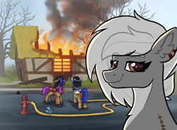 Size: 1911x1410 | Tagged: safe, artist:helmie-art, derpibooru import, oc, oc:mercury heart, pegasus, amputee, commission, countershading, disaster girl, fire, fire hose, fire hydrant, firefighter, house, meme, scar, smug, solo focus, ych result