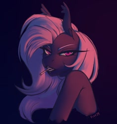 Size: 1398x1484 | Tagged: safe, artist:pixxpal, derpibooru import, oc, oc only, oc:lilac night, anthro, bat pony, bedroom eyes, candy, dark, female, food, human shoulders, lipstick, lollipop, looking at you, mare, seductive, sexy, simple background, smiling, solo