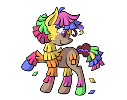 Size: 1309x1033 | Tagged: safe, artist:transformartive, derpibooru import, oc, oc:fiesta, oc:hors, pony, paper mache, piñata, piñata pony, smiling, solo, transformation