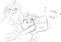 Size: 1165x813 | Tagged: safe, artist:taurson, derpibooru import, princess celestia, oc, oc:hors, pegasus, angry, book, sketch, speech, talking, text