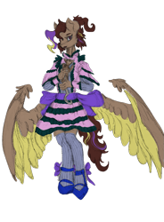 Size: 931x1265 | Tagged: safe, artist:skyrr, derpibooru import, oc, oc:hors, oc:sinful caesar, anthro, human, opossum, pegasus, bow, clothes, dress, dress shoes, humanized, leggings, ponytail, simple background, socks, solo, spread wings, transparent background, wings