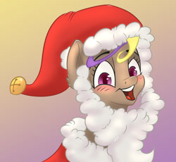 Size: 870x800 | Tagged: safe, artist:paleheart, derpibooru import, oc, oc only, oc:hors, beard, blushing, christmas, clothes, costume, facial hair, gradient background, hat, holiday, open mouth, santa beard, santa costume, santa hat, smiling, solo