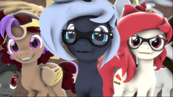 Size: 906x508 | Tagged: safe, artist:yaasho, derpibooru import, oc, oc only, oc:hors, oc:redace, oc:yaasho, pegasus, unicorn, 3d, bow, folded wings, glasses, group, horn, ocs everywhere, peeking, smiling, source filmmaker, wings