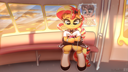 Size: 4000x2250 | Tagged: safe, artist:phoenixrk49, derpibooru import, sunset shimmer, semi-anthro, unicorn, g4, :3, cellphone, clothes, earbuds, female, high res, hoof hold, horn, looking at something, looking down, mare, phone, school uniform, sitting, skirt, smartphone, smiling, solo, stockings, thigh highs, train