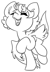 Size: 1738x2473 | Tagged: safe, artist:midnightpremiere, derpibooru import, oc, oc only, oc:hors, pegasus, dancing, eyes closed, raised hoof, raised leg, simple background, smiling, solo, teeth, tongue, tongue out, transparent background, white, wings