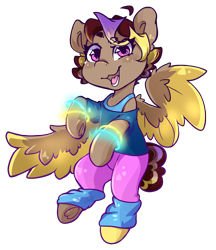 Size: 1944x2251 | Tagged: safe, artist:midnightpremiere, derpibooru import, oc, oc only, oc:hors, 80s, aerobics, brown hair, clothes, dancing, flying, glow bracelets, glowstick, leg warmers, leggings, looking at you, loose shirt, purple hair, simple background, smiling, smiling at you, solo, spread wings, tanktop, transparent background, wings