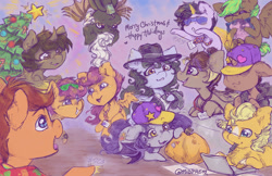 Size: 1024x663 | Tagged: safe, artist:midnightpremiere, derpibooru import, scootaloo, oc, oc:blazing beams, oc:coffee, oc:hors, oc:justinaloo, oc:midnight premier, oc:mona pia, oc:paul the snail, oc:prairie heart, oc:sleepy sketch, oc:tail, bat pony, earth pony, pegasus, unicorn, :3, artificial horn, artificial wings, augmented, back of head, baseball cap, cap, chest fluff, christmas, christmas tree, clothes, colored sketch, computer, curly hair, eyes closed, flying, folded wings, hair bun, happy holidays, hashtag, hat, heart, holding, holiday, horn, hug, izzy's hat, jewelry, juice, juice box, ladder shades, lanyard, laptop computer, lying down, magic, magic horn, magic wings, mouth hold, necklace, necktie, ocs everywhere, pillow, pillow hug, ponyville ciderfest, pumpkin, pvcf 2021, raised hoof, raised leg, scarf, scs, sitting, sketch, smiling, spread wings, stars, text, tree, wings