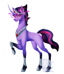 Size: 917x1056 | Tagged: safe, artist:sugardust-charm, derpibooru import, oc, oc only, oc:queen eclipse, unicorn, g4, alternate hairstyle, coat markings, crown, curved horn, eye mist, eyelashes, eyeliner, fusion, fusion:king sombra, fusion:twilight sparkle, green sclera, horn, jewelry, long horn, looking at you, makeup, multicolored hair, multicolored tail, one leg raised, peytral, purple coat, red eyes, regalia, simple background, slit eyes, socks (coat marking), solo, tail, transparent background, unicorn horn