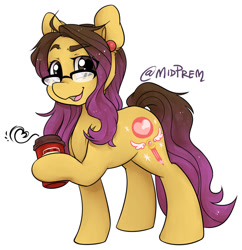 Size: 879x909 | Tagged: safe, artist:midnightpremiere, derpibooru import, oc, oc only, oc:brenda hickey, earth pony, 2019, announcement, brenda hickey, coffee, coffee cup, convention, cup, dyed mane, dyed tail, ear piercing, earring, glasses, guest, jewelry, mlpmsp, mlpmsp2019, mlpmspf, mlpmspf2019, piercing, raised hoof, raised leg, simple background, smiling, steam, tail, white background