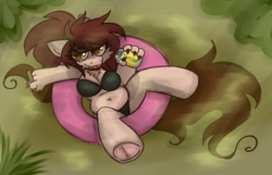 Size: 1400x900 | Tagged: safe, artist:puppie, derpibooru import, oc, oc:delirium, anthro, earth pony, alcohol, belly, belly button, big breasts, blunt, breasts, chubby, claws, colored sketch, curvy, drink, drugs, female, floating, golden eyes, hoof feet, hooves, inner tube, lake, long hair, looking at you, marijuana, marsh, ponytail, pool toy, shaded sketch, sharp nails, sharp teeth, sketch, summer, sunlight, swamp, teeth, tube, twisted tea, underhoof, water