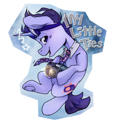 Size: 870x918 | Tagged: safe, artist:midnightpremiere, derpibooru import, oc, oc only, oc:my little ties, badge, blue background, camera, clothes, collar, holding, looking at you, necktie, oc badge, simple background, smiling, stars, text, transparent background