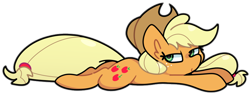 Size: 900x339 | Tagged: safe, artist:kindakismet, derpibooru import, applejack, earth pony, pony, g4, lidded eyes, lying down, prone, relaxing, simple background, smiling, solo, sploot, transparent background