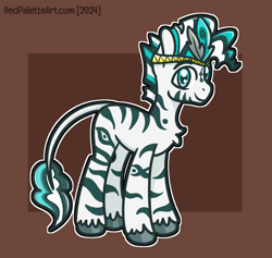 Size: 828x785 | Tagged: safe, artist:redpalette, derpibooru import, oc, oc only, oc:clear skies ahead, zebra, blue eyes, blue hooves, brown background, chest fluff, colored hooves, crown, curly hair, curly mane, curly tail, cute, digital art, facial markings, gray hooves, headpiece, hooves, jewelry, leonine tail, long tail, male, multicolored mane, multicolored tail, passepartout, regalia, shiny hooves, simple background, smiling, standing, striped, stripes, tail, unshorn fetlocks, white coat, zebra oc