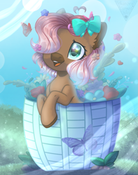 Size: 857x1080 | Tagged: safe, artist:auroracursed, derpibooru import, oc, oc only, butterfly, earth pony, pony, ahoge, basket, bow, brown coat, colored muzzle, colored pinnae, cute, ear fluff, ears, facial markings, female, flower, grass, hair bow, hair over one eye, half body, mare, ocbetes, open mouth, open smile, plant, shiny mane, shrub, smiling, solo, sparkly mane, wide eyes