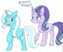 Size: 1417x1170 | Tagged: safe, artist:cmara, derpibooru import, starlight glimmer, trixie, unicorn, g4, colored, duo, duo female, female, graph paper, horn, traditional art