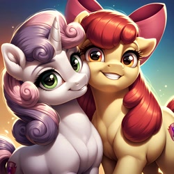 Size: 2512x2512 | Tagged: safe, ai content, derpibooru import, generator:pony diffusion v6 xl, generator:stable diffusion, machine learning generated, apple bloom, sweetie belle, earth pony, unicorn, g4, abstract background, adorabloom, cheek to cheek, cute, diasweetes, duo, duo female, female, filly, foal, gradient background, grin, happy, horn, looking at you, mare, prompter:bartp98, smiling, smiling at you, teeth, the quality of ai art is frightening