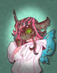 Size: 2520x3217 | Tagged: safe, artist:maniczombiedreamgirl, derpibooru import, oc, oc only, oc:larvae, anthro, changeling, 2024, arm hooves, artfight, black eyeshadow, blush lines, blushing, changeling horn, chubby, clothes, collar, crying, ear fluff, ears, eyeshadow, floppy ears, gray coat, green eyes, hoodie, horn, insect wings, lightly watermarked, makeup, raised hoof, raised leg, slit eyes, solo, spiked collar, tricolor mane, vignette, watermark, wings