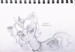 Size: 4000x2785 | Tagged: safe, artist:zamiración, derpibooru import, princess luna, unicorn, g4, cute, horn, monochrome, pencil drawing, photo, solo, traditional art