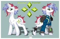 Size: 1592x1050 | Tagged: safe, artist:devorierdeos, derpibooru import, oc, oc only, oc:crystal, pony, unicorn, fallout equestria, bag, chest fluff, clothes, colored eyebrows, cutie mark, eyelashes, green eyes, horn, jumpsuit, lidded eyes, looking down, multicolored mane, multicolored tail, noise, pipbuck, reference sheet, saddle bag, shadow, signature, simple background, sparkly mane, sparkly tail, spiky mane, spiky tail, standing, stimpak, tail, tall, text, textured background, unicorn horn, unicorn oc, vault dweller, vault suit, white coat