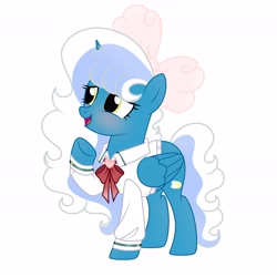 Size: 6890x6890 | Tagged: safe, artist:riofluttershy, derpibooru import, oc, oc only, oc:fleurbelle, alicorn, pony, alicorn oc, blushing, bow, clothes, female, hair bow, horn, mare, simple background, solo, sweater, white background, wings