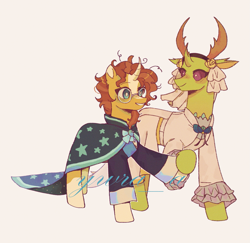 Size: 1479x1437 | Tagged: safe, artist:ywraa, derpibooru import, sunburst, thorax, changeling, pony, unicorn, cloak, clothes, crossdressing, dress, duo, duo male, gay, holding hooves, horn, male, marriage, ship:thoraxburst, shipping, simple background, stallion, sunburst's cloak, tan background, tuxedo, wedding, wedding dress