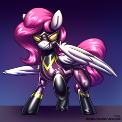 Size: 2835x2835 | Tagged: safe, artist:jedayskayvoker, derpibooru import, oc, oc only, oc:storm cloud, pegasus, pony, clothes, colored sketch, costume, evil smile, folded wings, goggles, gradient background, latex, latex suit, looking at you, pegasus oc, shadowbolts, shadowbolts costume, sketch, smiling, solo, wings