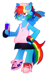 Size: 1128x1700 | Tagged: safe, artist:maxis_da_hades, derpibooru import, rainbow dash, pegasus, pony, semi-anthro, armpit hair, chest fluff, clothes, drink, energy drink, female, hat, jewelry, mare, necklace, red bull, shoes, shoulder fluff, solo, standing, tanktop, tomboy