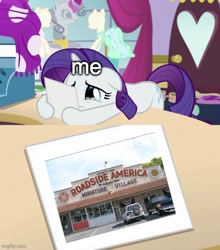 Size: 500x567 | Tagged: safe, edit, edited screencap, editor:railpony, screencap, rarity, pony, unicorn, forever filly, g4, season 7, canterlot carousel, caption, exploitable, exploitable meme, female, hoof hold, imgflip, mare, meme, rarity's photo, roadside america, solo, teary eyes, text