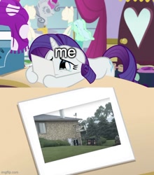 Size: 500x567 | Tagged: safe, edit, edited screencap, editor:railpony, screencap, rarity, pony, unicorn, forever filly, g4, season 7, canterlot carousel, caption, exploitable, exploitable meme, female, hoof hold, imgflip, mare, meme, rarity's photo, solo, teary eyes, text, trainland usa