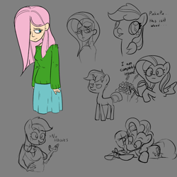 Size: 1155x1155 | Tagged: safe, artist:this_sl0th, derpibooru import, applejack, fluttershy, pinkie pie, oc, anthro, earth pony, human, pegasus, pony, g4, flower, gray background, humanized, simple background, sketch, sketch dump, tongue, tongue out, watering can