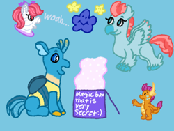 Size: 1600x1200 | Tagged: safe, artist:mintwhistle, derpibooru import, gallus, ocellus, smolder, changedling, changeling, classical hippogriff, dragon, earth pony, hippogriff, pony, g1, g4, antennae, atg 2024, blue background, box, changedlingified, changelingified, classical hippogriffied, colored hooves, colored wings, colored wingtips, dragoness, fairy brights, fancy swirl ponies, feathered fetlocks, female, flying, gallusling, group, hippogriff ocellus, hippogriffied, hooves, implied transformation, looking at something, magic, male, mare, medibang paint, micro, mistyglow, newbie artist training grounds, polaris (g1), portal, quartet, scared, simple background, sitting, small, smiling, smol, species swap, spread wings, stars, surprised, sweat, sweatdrops, teenaged dragon, teenager, tiny, unshorn fetlocks, wings, woah, worried