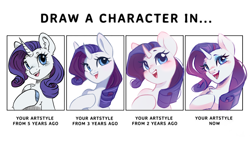 Size: 4700x2735 | Tagged: safe, artist:melodylibris, derpibooru import, rarity, pony, unicorn, g4, art progress, blushing, chest fluff, colored hooves, ear fluff, ears, female, high res, hoof on chest, hooves, horn, human shoulders, mare, open mouth, open smile, simple background, smiling, solo, text, white background